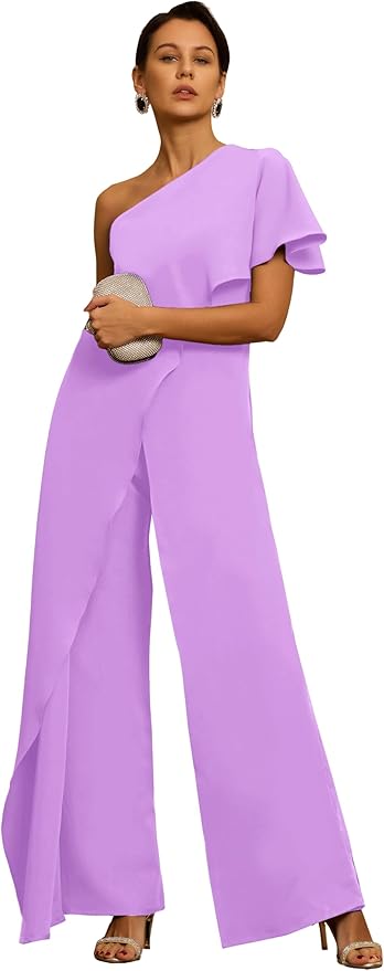 Mother of The Bride Jumpsuit Chiffon One Shoulder Ruffles Wedding Guest Pantsuit for Women