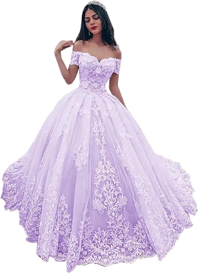 TRHTX Off Shoulder Lace Wedding Dresses for Bride Appliques Bridal Gowns for Women A-line Wedding Gowns with Train