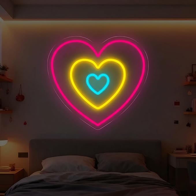 Heart Neon Sign for Wall Decor, Aesthetic Triple-Layer Heart LED Neon Light with Soft Colorful Glow for Bedroom & Romantic Night, Modern Neon Wall Art for Valentine’s Day Decorations 13.8"x12.6"