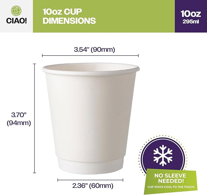 CIAO! 10 oz Insulated Double Wall White Paper Hot Cup, 90mm Diameter, 500 Count