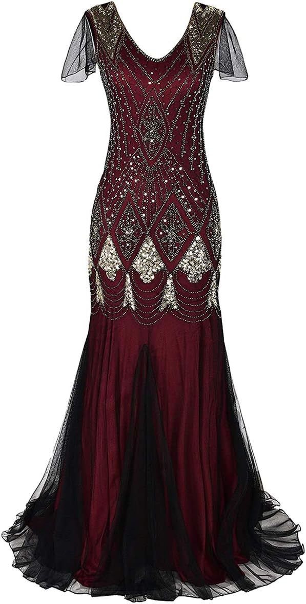 Women Vintage 1920s Gatsby Flapper Evening Party Dress V Neck Art Deco Sequins Mermaid Hem Cocktail Formal Long Maxi Gown
