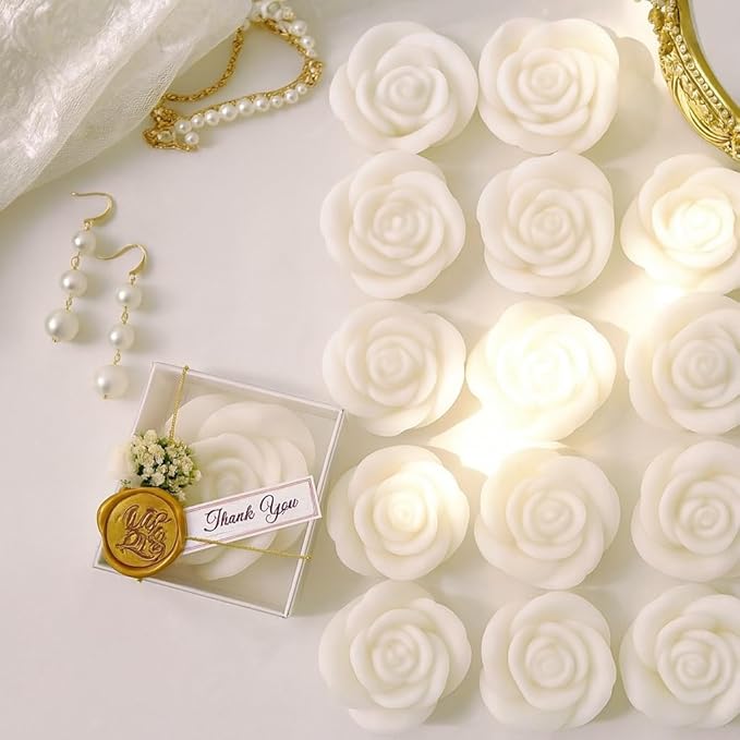 White Rose Petal Soy Wax Candles in Bulk – Rose Candle Wedding Favors for Guests, Personalized Candle Favors for Bridal Shower & Baby Shower Gifts – Dried Flower & Wax Seal Design (150 Pieces)