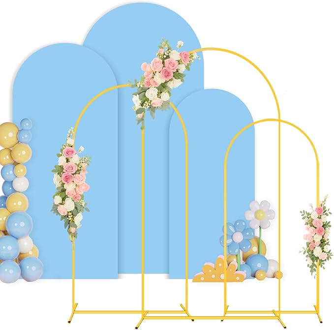 Wedding Arch Backdrop Stand and Cover Set 6FT, 5FT, 4FT Gold Metal Arches for Backdrop Baby Blue Spandex Arch Cover Balloon Arch Stand Frame for Baby Shower Birthday Party Graduation Ceremony
