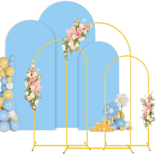 Wedding Arch Backdrop Stand and Cover Set 6FT, 5FT, 4FT Gold Metal Arches for Backdrop Baby Blue Spandex Arch Cover Balloon Arch Stand Frame for Baby Shower Birthday Party Graduation Ceremony