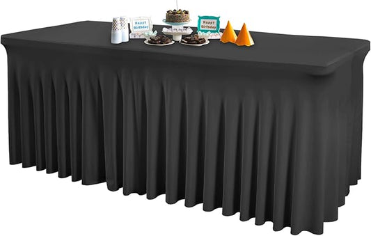 1 Pack Black Table Clothes for 8 Foot Rectangle Tables, Wrinkle Resistant Stretch Spandex Table Covers Fitted Tablecloth with Skirt for Event Banquet Wedding Birthday Party
