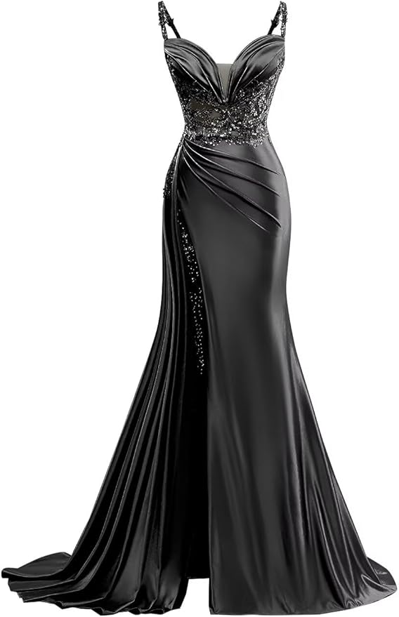 V Neck Satin Prom Dresses Long Mermaid Lace Evening Gown with Slit Pleated Bodycon Formal Dress with Tail