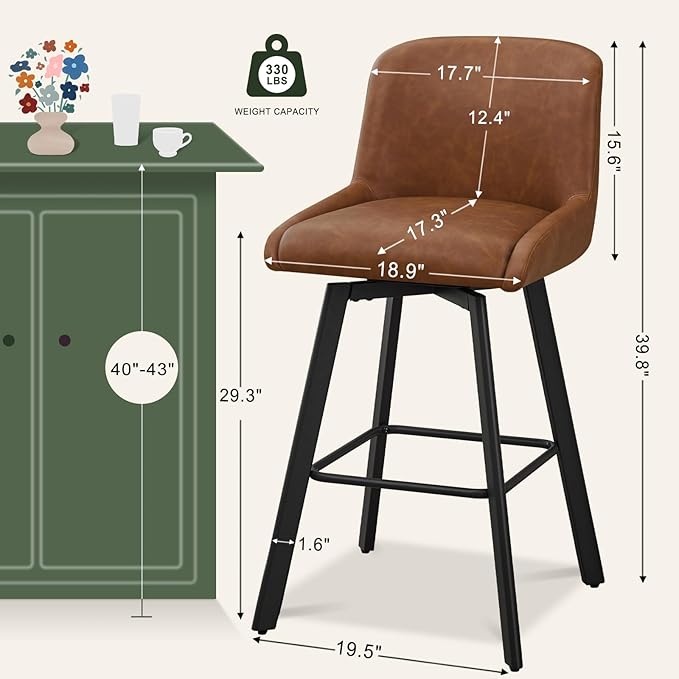 Swivel Bar Stools Set of 3, 29''H Upholstered Barstools with Backs, Modern Counter Height Bar Stool Chairs for Kitchen Island, Metal Legs, Faux Leather, Brown Counter Stools