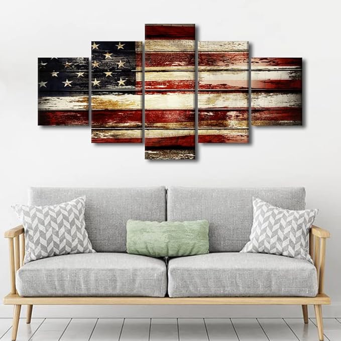 Art Work for Home Walls Native American Flag Decor Retro Paintings Star&Stripe Pictures for Living Room 5 Panel Canvas USA Artwork Home Decor Giclee Wooden Framed Stretched Ready to Hang 60x32 in