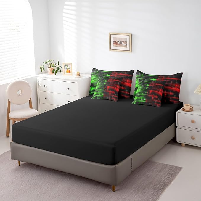 Feelyou Red and Green Comforter Set with Sheets 7 Piece Twin Size Kids Geometric Bed in a Bag Strip Lines Bedding Set Abstract Art Bed Set with Comforter, Sheets,Pillowcases,Cushion Covers