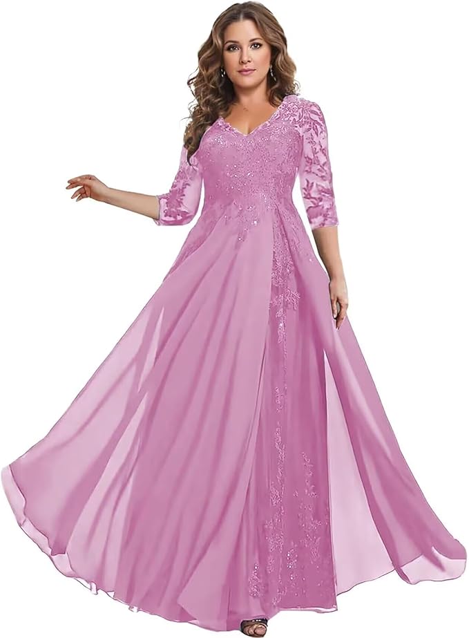 Long Sleeve Mother of The Bride Dress for Wedding Chiffon Lace Applique Formal Gowns BOF163