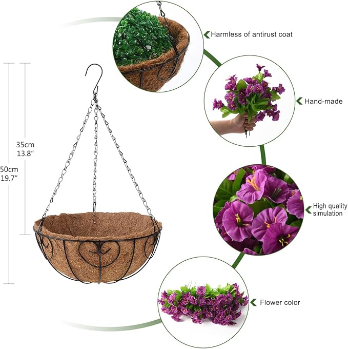 Homsunny Artificial Hanging Flowers Plants Basket for Outdoor Decoration,Fake Petunias Faux Silk Moring Glory UV Resistant for Outside Porch Patio Courtyard Spring Summer Decor(Purple)