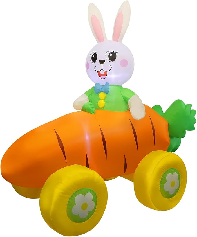 Juegoal Easter Bunny Radish Car Inflatables Yard Decorations, 5 x 4.5 FT Lighted Blow Cute Rabbit on Carrot Car with LED Lights, Indoor Outdoor Easter Holiday Party Decor, Light Up for Lawn Garden