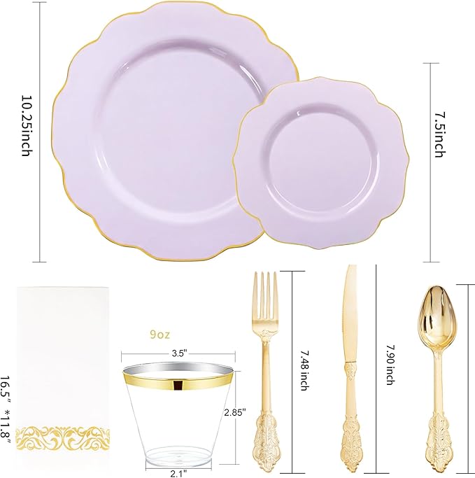 NOCCUR 175PCS Purple Plastic Plates with Gold Disposable Silverware - Include 50 Lavender and Gold Plastic Plates,25 Knives,25 Forks,25 Spoons,25 Cups and 25 Napkins - Ideal for Wedding/Spring Party
