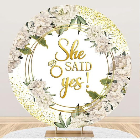 Leyiyi 5x5ft She Said Yes Round Backdrop Cover Polyester Rustic White Flower Golden Glitter Photography Background Floral Romantic Proposal Wedding Bridal Shower Engagement Party Decoration Banner