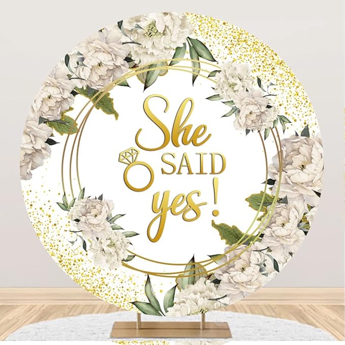 Leyiyi 6x6ft She Said Yes Round Backdrop Cover Polyester Rustic White Flower Golden Glitter Photography Background Floral Romantic Proposal Wedding Bridal Shower Engagement Party Decoration Banner