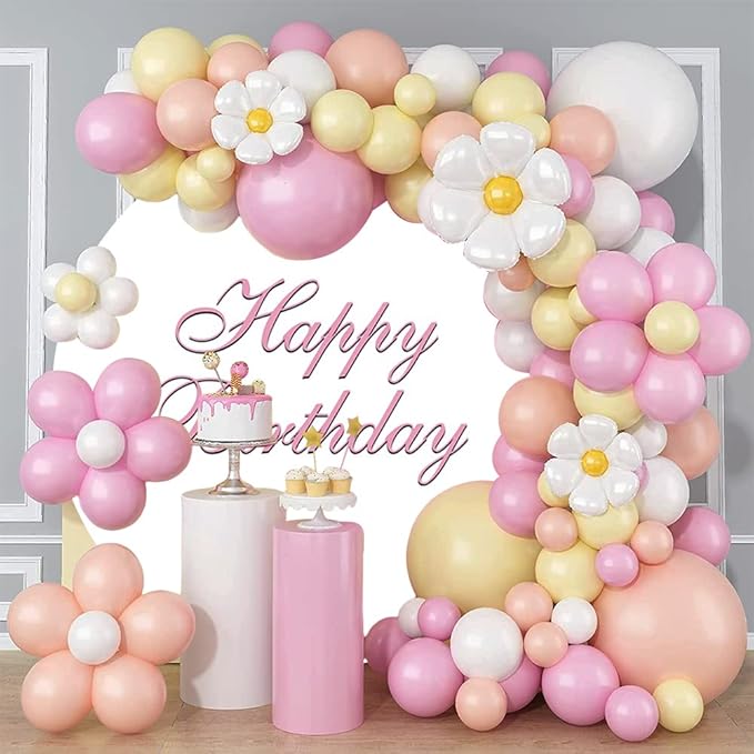 OERJU Happy Birthday Round Backdrop Cover White and Pink Birthday Party Photography Background Girls Women Birthday Party Decoration Circle Backdrop Cover Cake Table Banner Photo Shoot Prop 7.2x7.2ft
