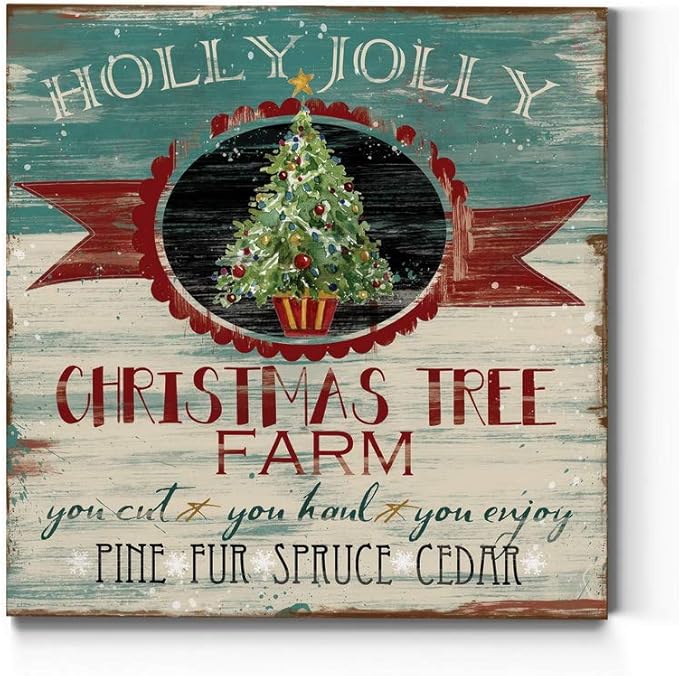 Renditions Gallery Holly Jolly Christmas Tree Farm Wall Art, Cute Winter Decor, Vintage Faux Wood Look, Festive, Premium Gallery Wrapped Canvas, Ready to Hang, 32 in H x 32 in W, Made in America