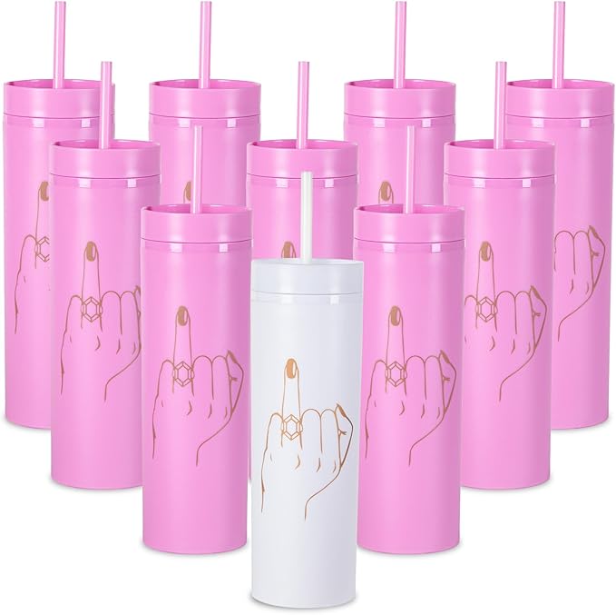 10 Pack Ring Finger Skinny Tumblers| 16 oz Bachelorette Party Cups.Engagement Wedding Gifts.Bridesmaid Proposal Gifts.Bridal Shower Gifts.Bride Bridesmaids Bridal Party Tumblers Cups(Pink).
