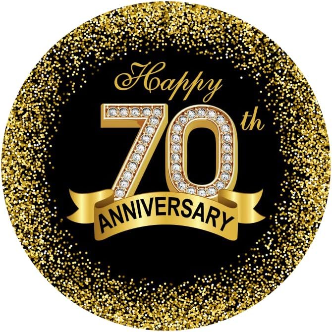 5.5x5.5ft Happy 70th Anniversary Round Backdrop Cover Black Gold Grandparents Happy 70 Years Circle Backdrop Background Luxurious Glitter Sequins Dots Diamond Ribbon Banquet Dinner Party Decor