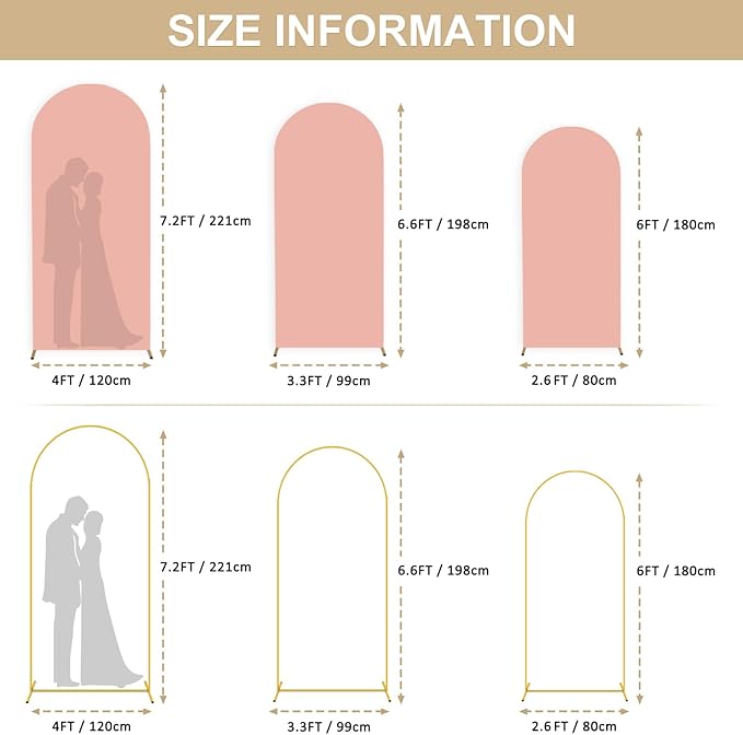 Arch Backdrop Stand Set of 3 with Covers 7.2FT 6.6FT 6FT Dusty Rose Arch Covers Stretchy Fabric Wedding Arched Frame and Spandex Arch Stand Cover Chiara Backdrop Cover for Balloon Party
