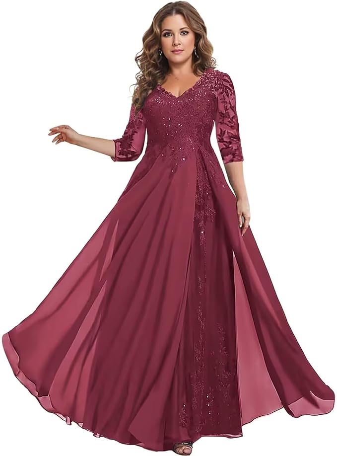 Long Sleeve Mother of The Bride Dress for Wedding Chiffon Lace Applique Formal Gowns BOF163