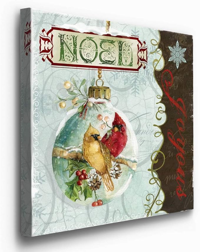 Renditions Gallery Joyous Noel Ornament Wall Art, Cute Winter Decor, Yellow & Red Cardinals, Festive Holly, Premium Gallery Wrapped Canvas, 24 in Hx24 in W, Made in America (WC15-91552-2424)