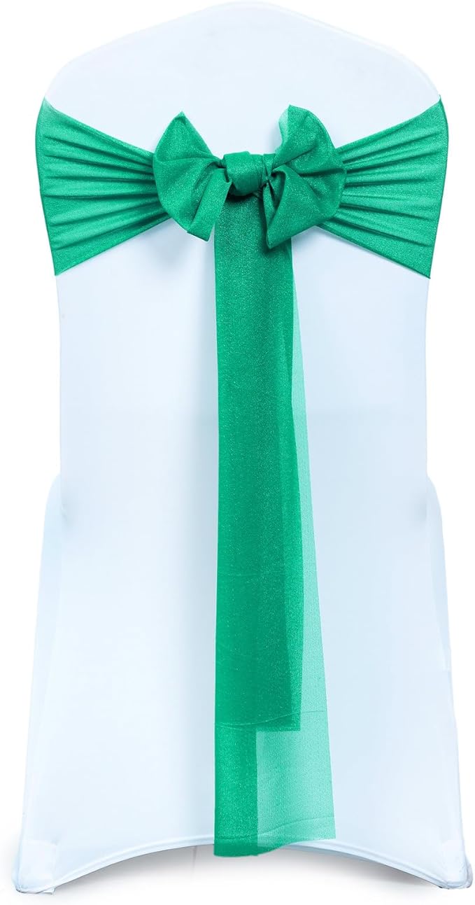 VDS Pack of 75, Emerald, Sheer Chiffon Chair Sashes Bows Chair Cover Back Tie Ribbon for Wedding Birthday Baby Shower Engagement Ceremony Event Party Banquet Restaurant Dining Chair Decoration