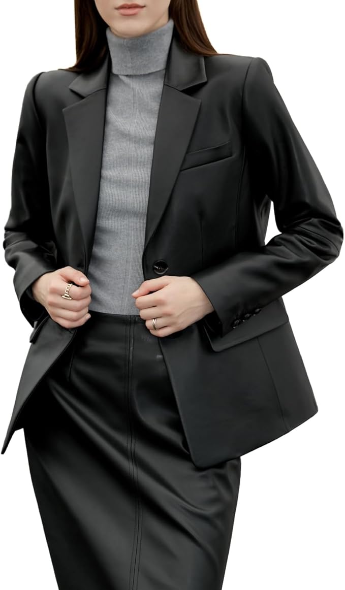 SILVER FASHIONS Lambskin Leather Jacket Women,Long Sleeve Button Front Leather Blazer,Notched Lapel Casual Style,Vent Detail