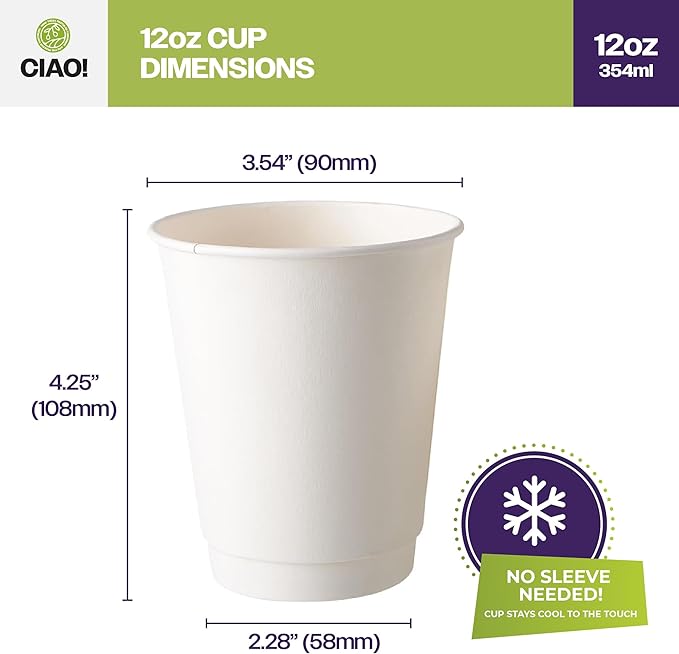 CIAO! 12 oz Insulated Double Wall White Paper Hot Cup, 90 mm Diameter, 500 Count