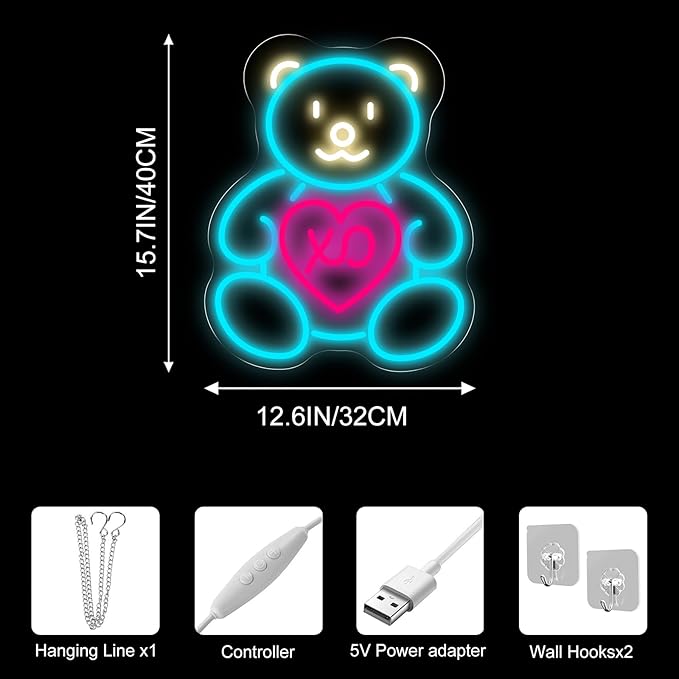 Blue Teddy Bear Neon Sign for Wall Decor, Cute XO Heart LED Neon Light for Girls’ Room & Teen Bedroom, Adorable Neon Wall Art for Valentine’s Day Gift & Cozy Bedroom Decor 15.8"x12.6"