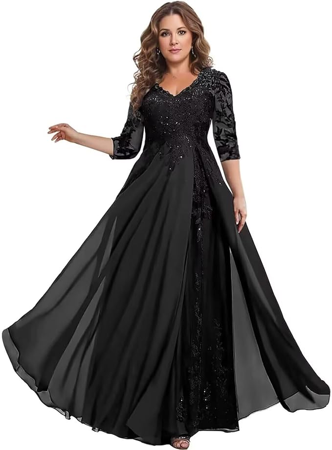 Long Sleeve Mother of The Bride Dress for Wedding Chiffon Lace Applique Formal Gowns BOF163