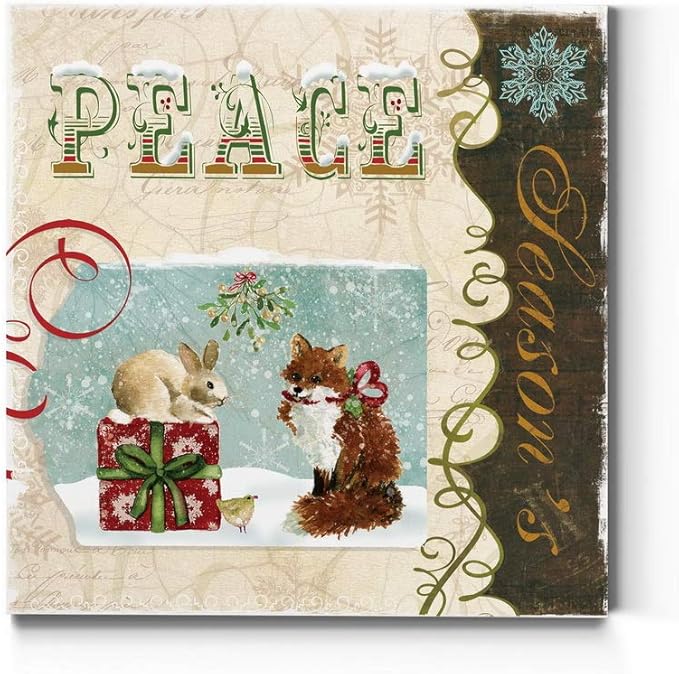 Renditions Gallery Christmas Peace Wall Art, Cute Winter Decor, Festive Rabbit, Fox, and Bird with Present, Premium Gallery Wrapped Canvas, Ready to Hang, 24 in H x 24 in W, Made in America