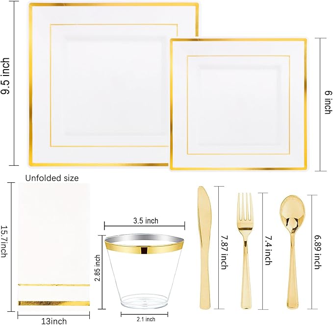 Festiva 350Pcs Gold Plastic Plates - Disposable Square Gold Plates Dinnerware set include 9.5"/6" Plates,Cups,Plastic Cutlery,Hand Napkins Perfect for 50 guests Party&Birthday&Wedding