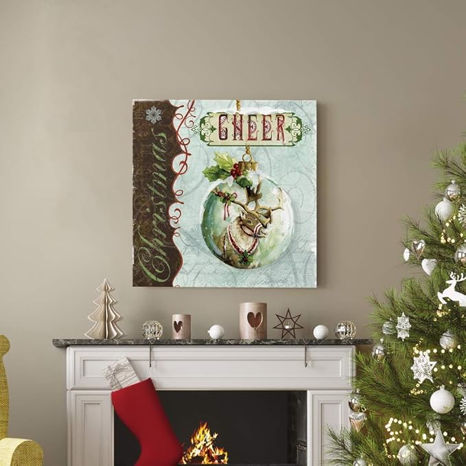 Renditions Gallery Christmas Cheer Ornament Wall Art, Cute Winter Decor, Festive Reindeer with Red & Green Holly, Premium Gallery Wrapped Canvas, Ready to Hang, 24 in H x 24 in W, Made in America