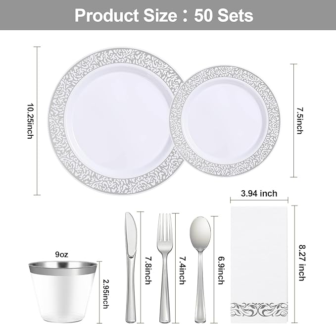 350PCS Silver Plastic Dinnerware Set for 50 Guests, Disposable Plates for Party, Wedding, Include 50 Dinner Plates, 50 Dessert Plates, 50 Set Silver Silverware, 50 Cups, 50 Napkins
