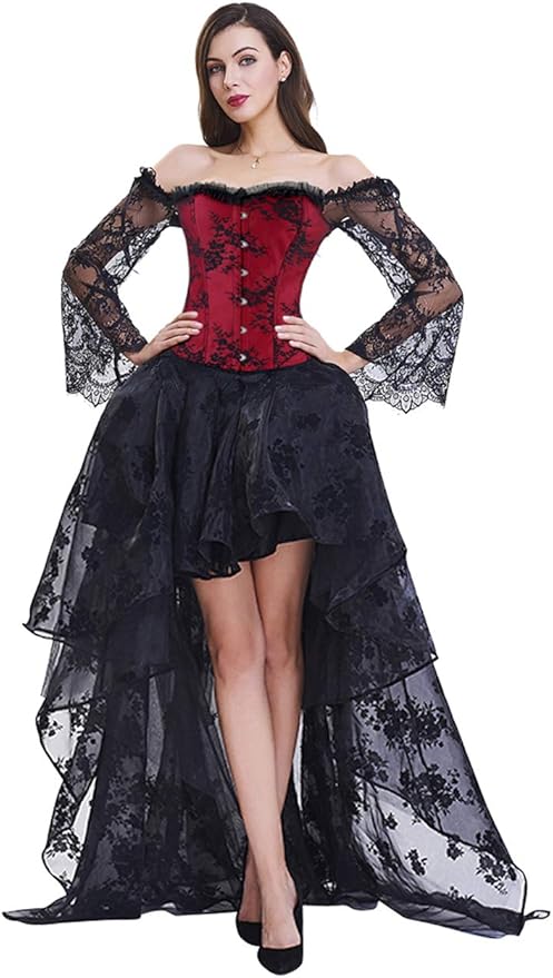 Kimring Women's Steampunk Victorian Off Shoulder Corset Top with High Low Skirt