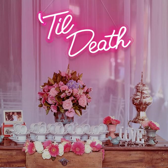 JXIN Til Death Neon Sign for Wall Decor, Til Death LED Neon Light Signs for Wedding Engagement Birthday Anniversary Proposal Party Bedroom Office, Wedding Gifts for Loved Ones, 16"x9" Pink