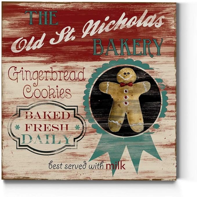 Renditions Gallery Old St. Nicholas Bakery Wall Art, Cute Christmas & Winter Decor, Vintage Faux Wood Look, Festive, Premium Gallery Wrapped Canvas, Ready to Hang, 16 in H x 16 in W, Made in America