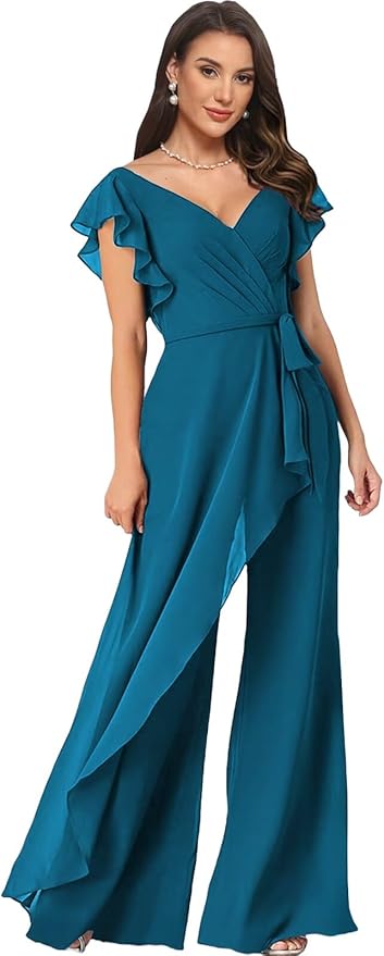 Chiffon Mother of The Bride Jumpsuits for Women Asymmetrical Pant Suits Flutter Sleeve V Neck Formal Evening Outfits