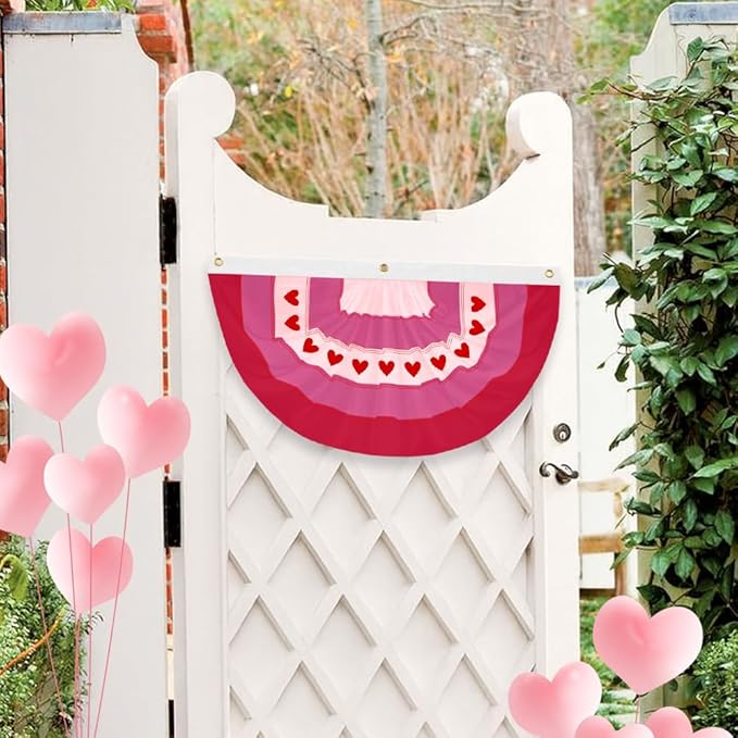 4Pcs Valentine Bunting Flags 2x4Ft Embroidered Love Heart Half Fan Valentine’s Day Galentine’s Day Decor Banner for Outdoor Porch Garden Fence Décor Engagement Party Anniversary/Wedding