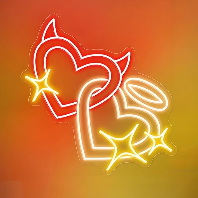 Angel and Devil Heart Neon Sign - 5-Level Dimmable USB Valentine's Day Decor & Heart Neon Signs, Ideal for Weddings, Parties, Shop Walls, Cute Bedroom Wall Art
