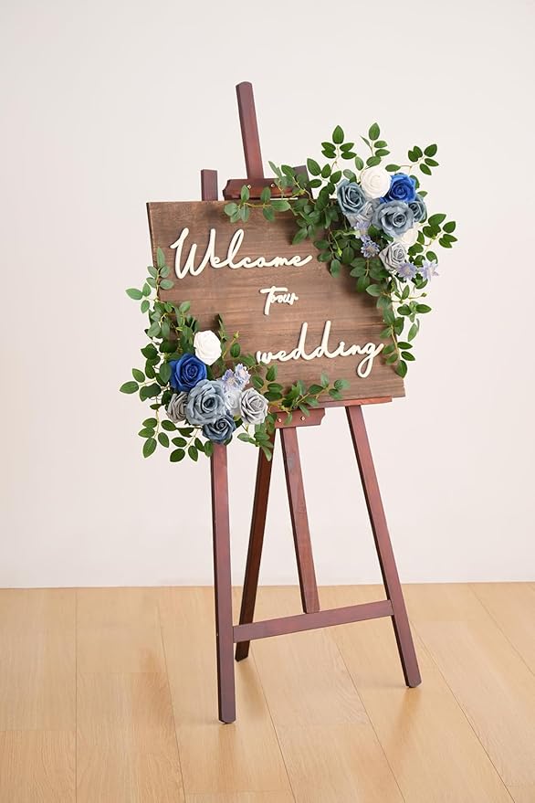 2pcs Blue & Grey Deluxe Welcome Sign Artificial Flowers Wedding Backdrop Garland Hanging Floral Arrangements for Ceremony Reception Entryway Board Sweetheart Table