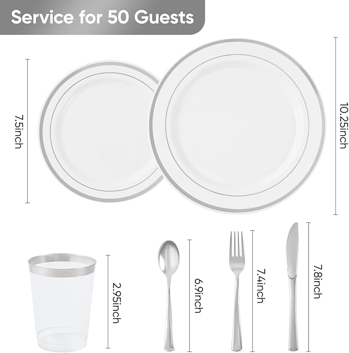 175 Pcs Silver Disposable Plates for 25 Guests, Disposable Plastic Plates, Dinnerware Set Include 25 Dinner Plates, 25 Salad Plates,25 Cups, 25 Paper Napkins for Party, Wedding, New Year