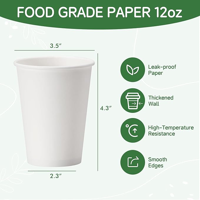 Disposable Paper Coffee Cups 12 oz 500 Pack, White Paper Hot Coffee Cups, Suitable for Party, Picnic, Travel, and Events