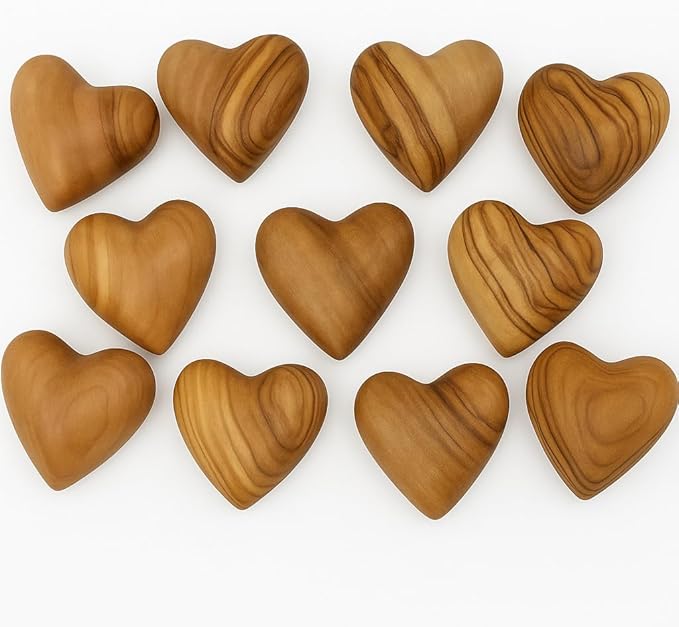 Zuluf Set of 10 Mini Olive Wood Hearts 1.2" Bulk Pack Hand Carved Wooden Hearts Wedding Favors Party Pack Valentine Bowl Filler Decorations Pocket Hug Sympathy Gift Made in Bethlehem w/Certificate