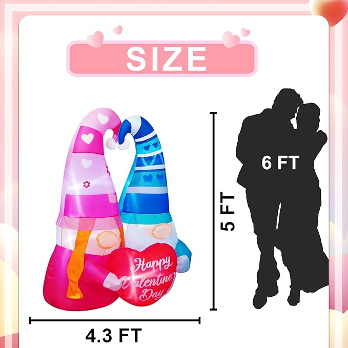 5 FT Inlflatable Valentines Day Decorations,Blow Up Gnomes Couple with LED Lights Outdoor Decor for Romantic Party,Wedding Anniversary, Home,Patio,Lawn Garden Yard Valentine's Day Decor