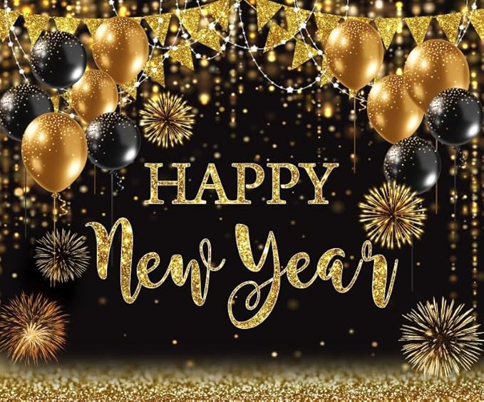 Happy New Year Backdrop 10x8ft Shining Black and Gold Balloons Background Happy 2025 New Year Backdrop 2025 New Year Eve Photo Backdrops for Photography NYE Party Portrait Photo Studio Props