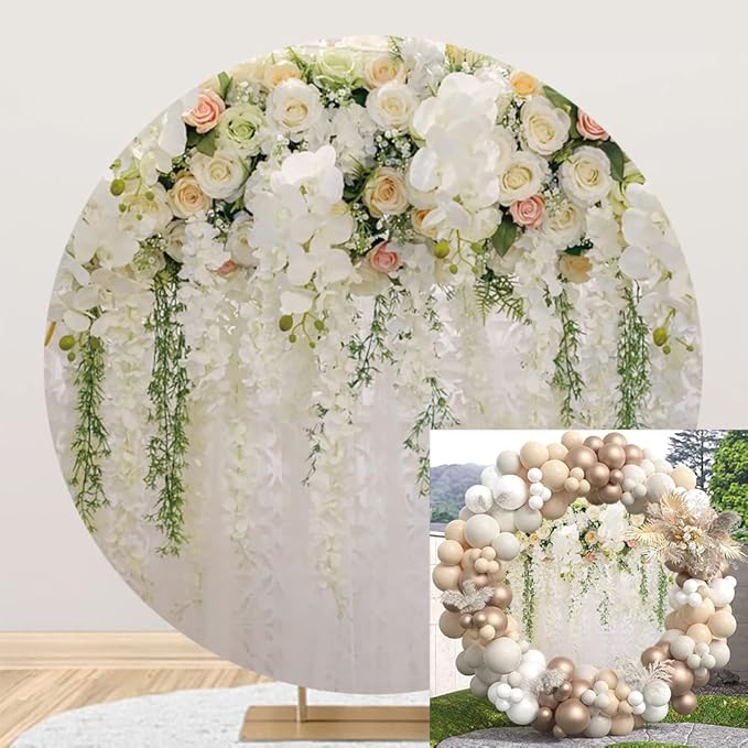 Leyiyi 7.2x7.2ft Wedding Round Backdrop Cover Bridal Shower Wedding Floral Wall Backdrop White and Green Wisteria Rose Flowers Photography Background Birthday Party Dessert Table Decoration Banner