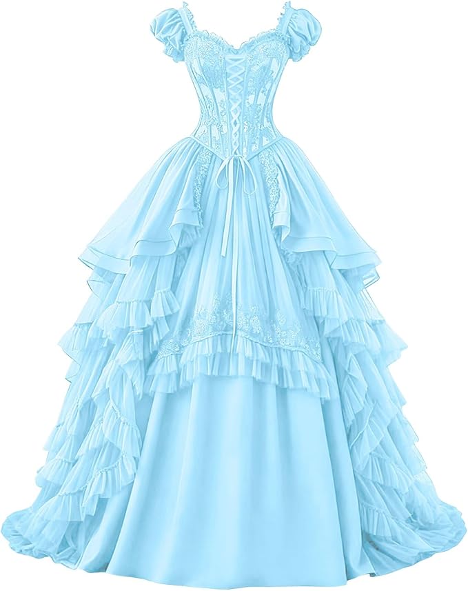 Ftupza Gothic Wedding Dresses Lace Appliques 1800s Victorian Dresses for Women Layered Tulle Prom Dress Long Ball Gown