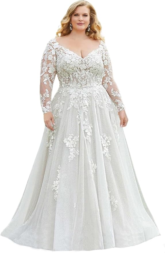Plus Size Wedding Dresses for Bride Long Sleeve Wedding Bridal Gowns with Lace Appliques Off Shoulder Bride Dress